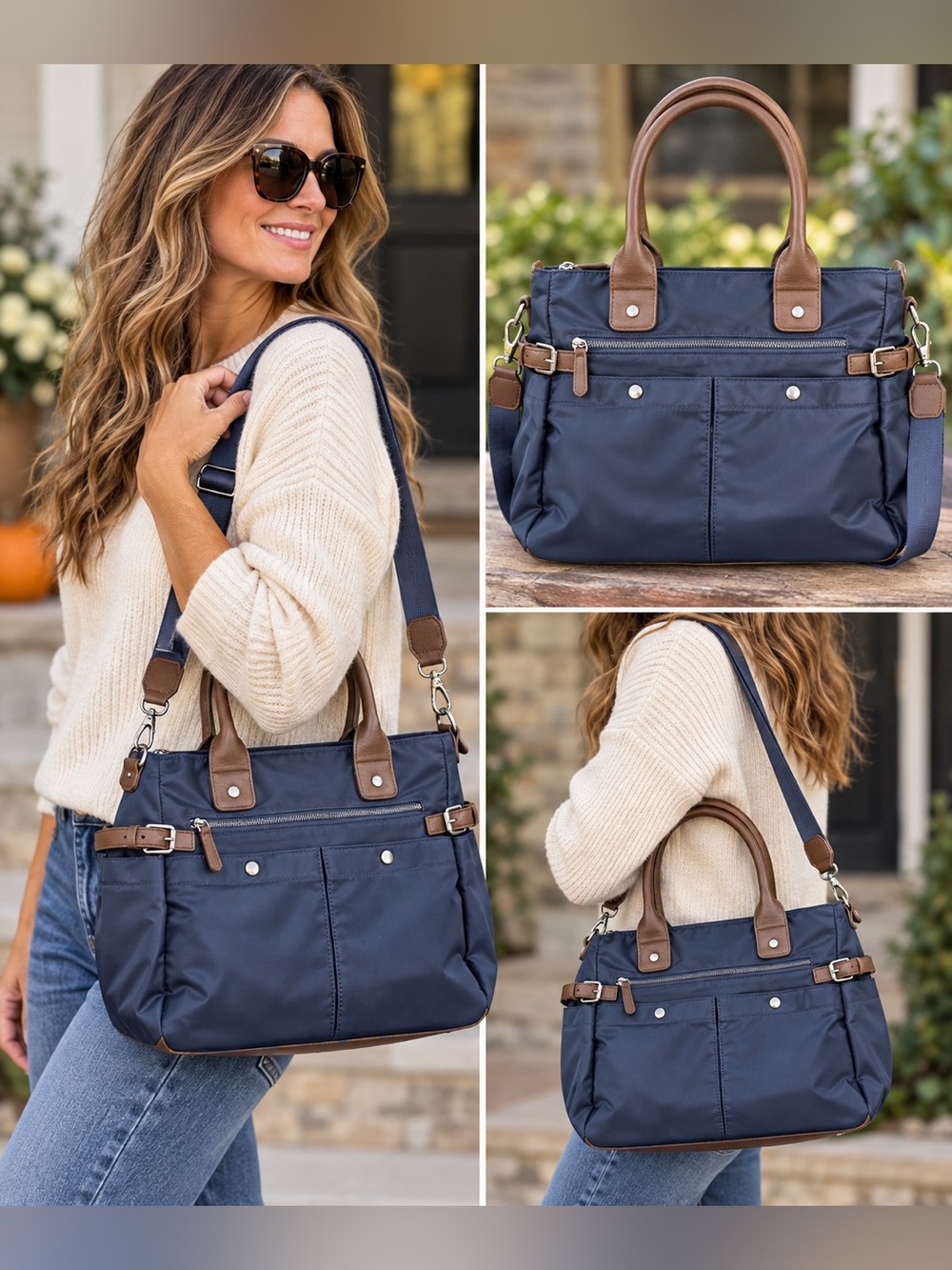Signature Navy Blue Brown Trim Nylon Satchel Shoulder Bag Purse